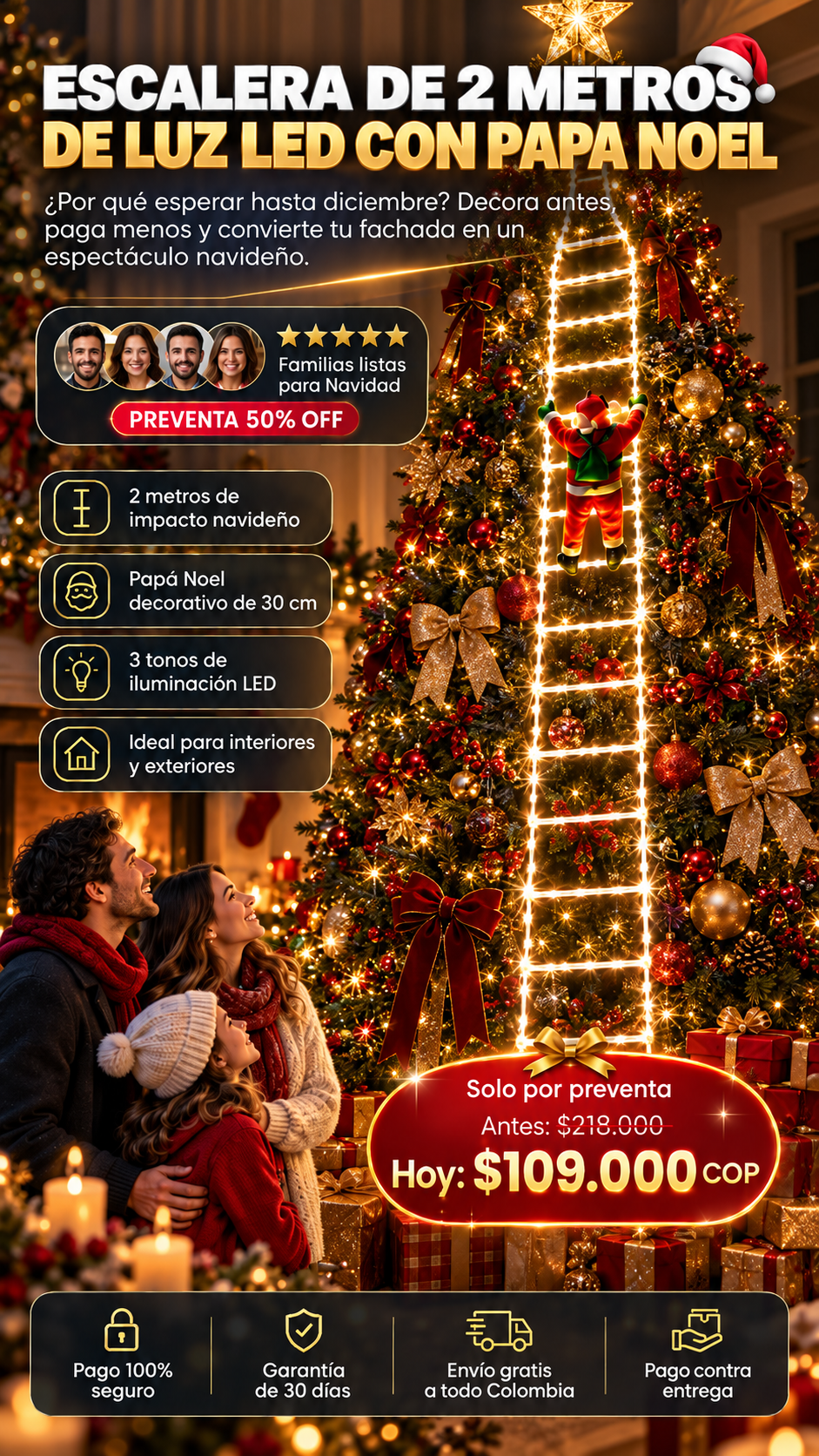 ESCALERA DE 2 METROS EN LUZ LED CON PAPA NOEL